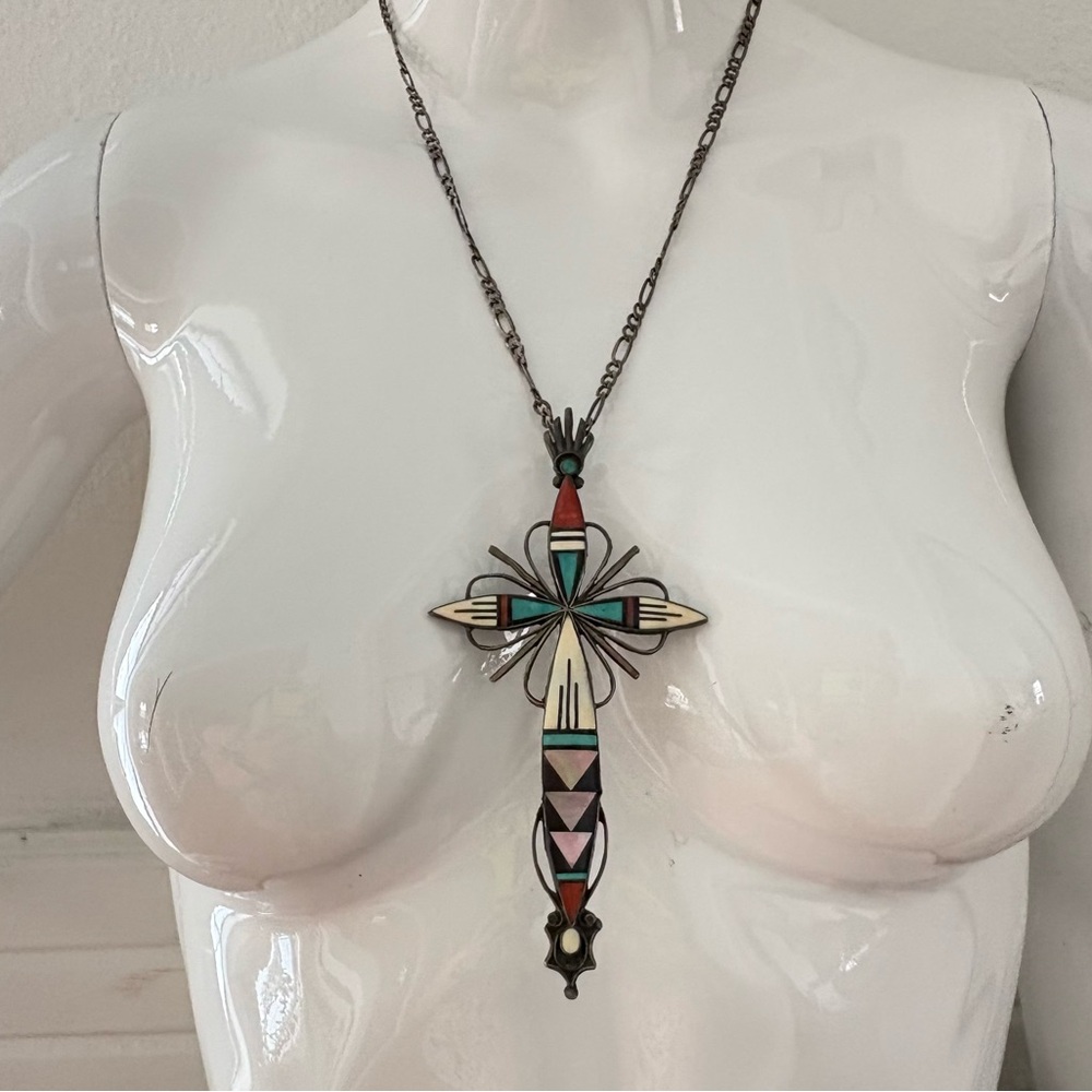 Sterling Zuni Adeline Bownannie Turquoise MOP Onyx  Coral inlay mosaic cross - Picture 16 of 16